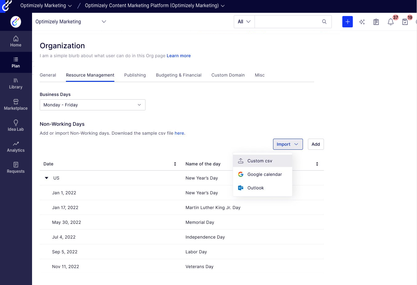 Screenshot of Settings for Business Calendar