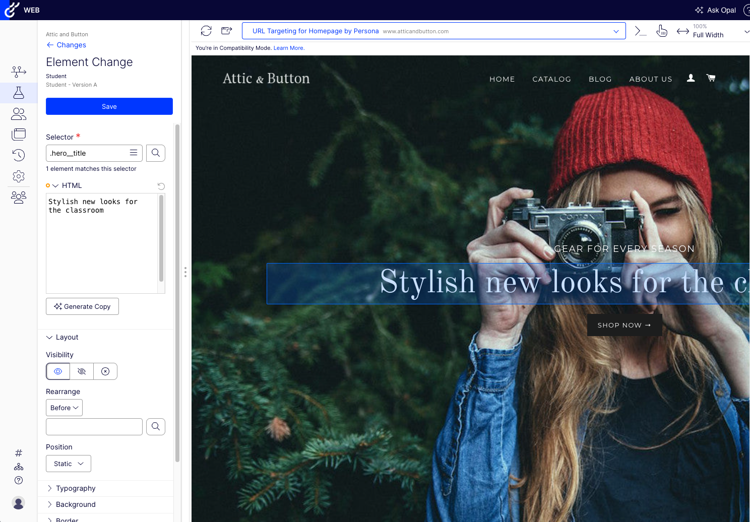 Optimizely Personalization visual editor