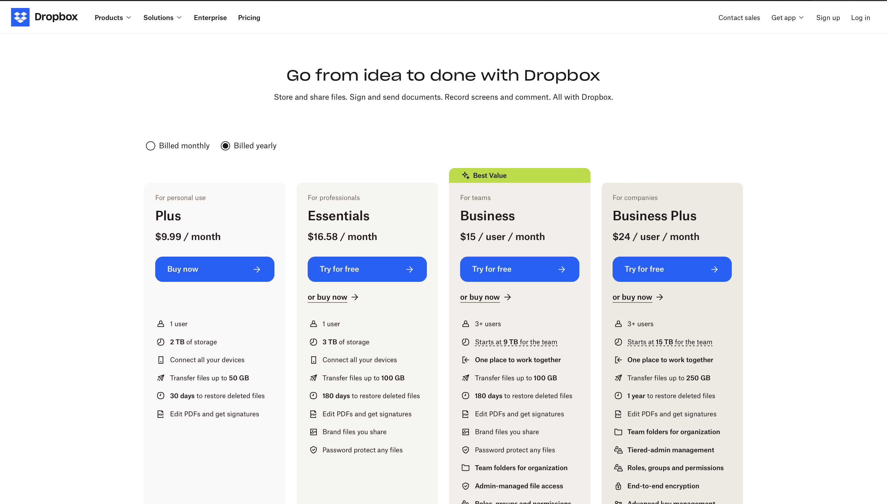 Dropbox tiered pricing page